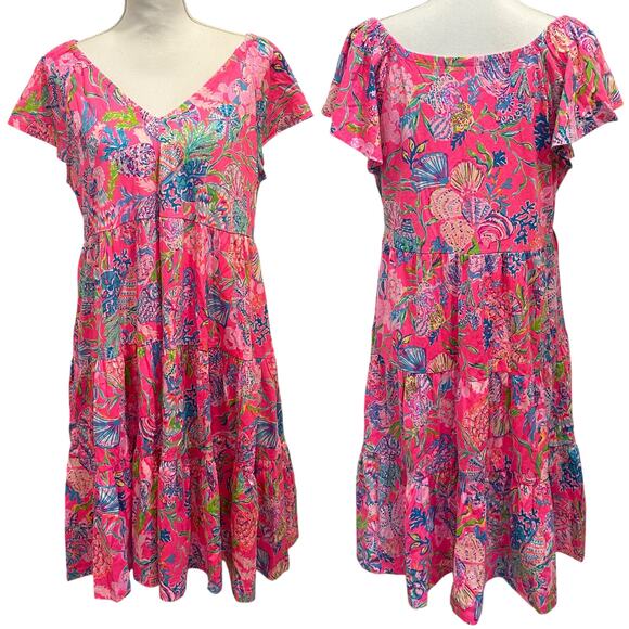 Lilly Pulitzer NWT Kawai Flutter Sleeve Tiered Swing Dress Pink Seashell Preppy - Picture 1 of 9